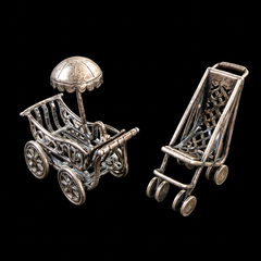 Mr Silverware Vintage Sterling Silver Miniature Baby Carriage & Stroller Figurines Set of 2