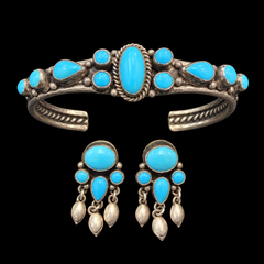 Vintage Sterling Silver Turquoise Cuff Bracelet & Dangle Earrings Jewelry Set