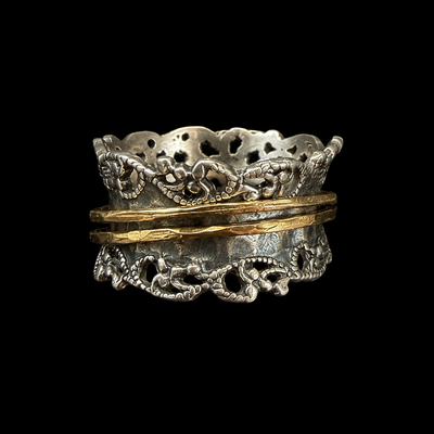 Mr Silverware Israel Vintage Sterling Silver & Brass Wide Spinner Meditation Ring - Size 10