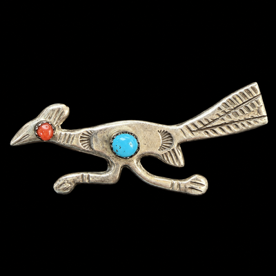 Mr Silverware Vintage Navajo Sterling Silver Turquoise & Coral Roadrunner Bird Brooch Pin