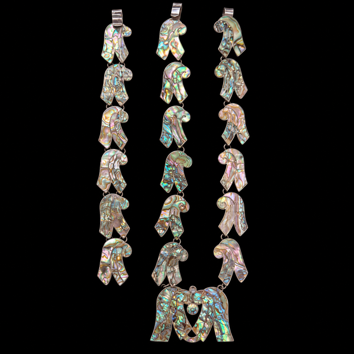 Mr Silverware Mexico Vintage Sterling Silver Abalone Inlay Scroll Link Necklace & Bracelet Set