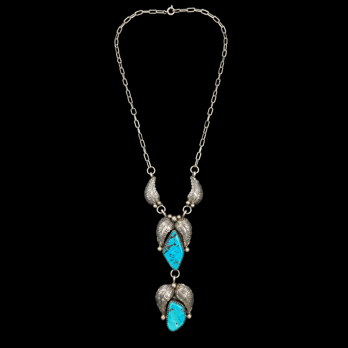 MR Silverware Vintage Ida McCrae Navajo Sterling Silver Turquoise Double Drop Necklace 15"