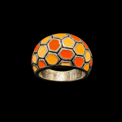 Mr Silverware Vintage Thailand 925 Sterling Silver Orange Enamel Honeycomb Dome Ring – Size 8