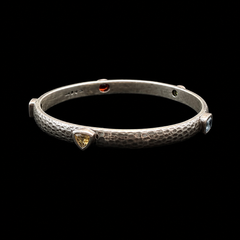 Vintage Indian Sterling Silver Hammered Multi-Gemstone Bangle Bracelet