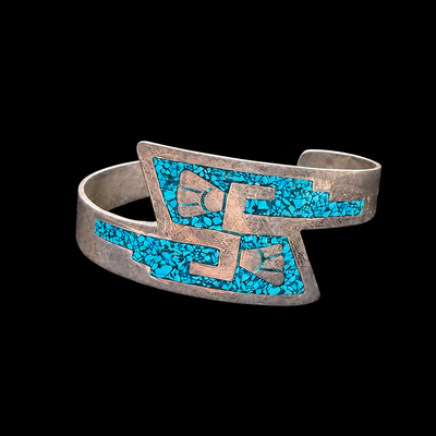Mr Silverware Vintage Mexican 925 Sterling Silver Turquoise Chip Inlay Hopi Style Cuff Bracelet