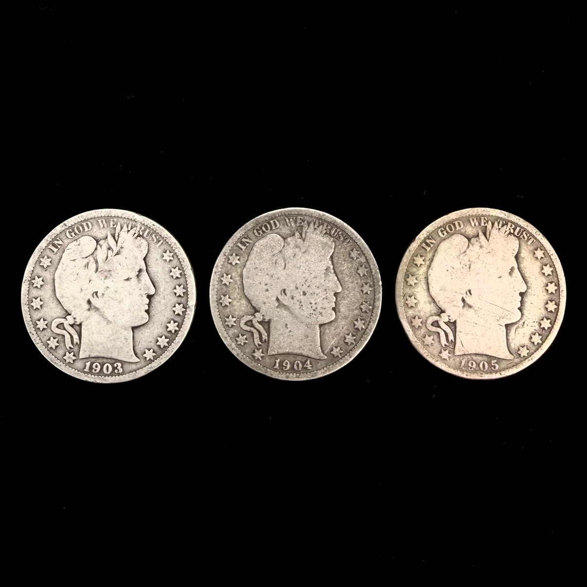 Mr Silverware 1903-O 1904-O 1905-S Barber Half Dollar 90% Silver Coins - Lot of 3