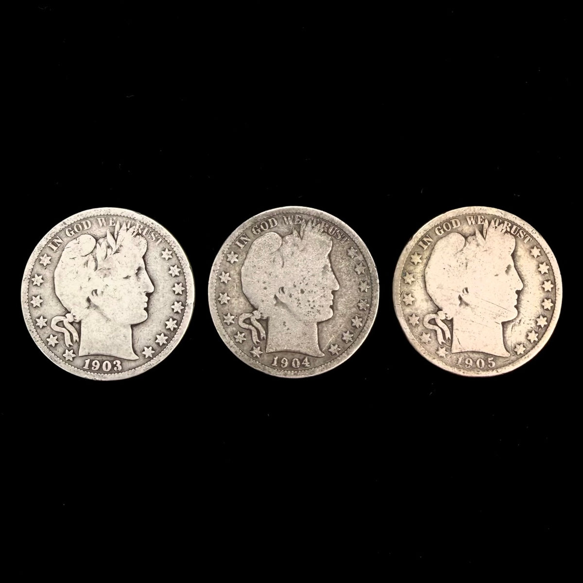 Mr Silverware 1903-O 1904-O 1905-S Barber Half Dollar 90% Silver Coins - Lot of 3