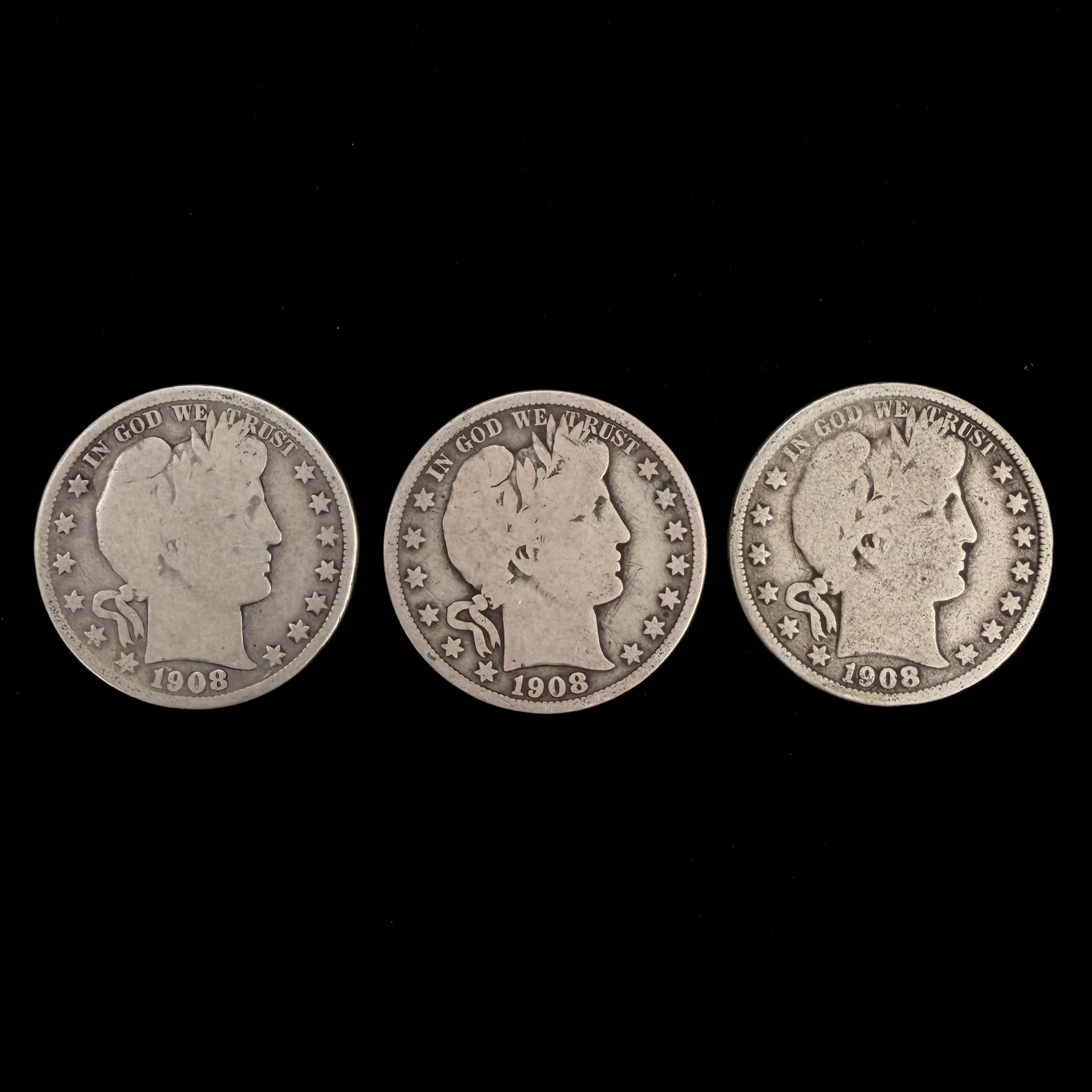 Mr Silverware 1908 D/P/S Barber Half Dollar Silver Coins - Lot of 3