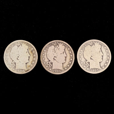 Mr Silverware 1900-P 1906-D 1907-D Barber Half Dollar 90% Silver Coins – Lot of 3