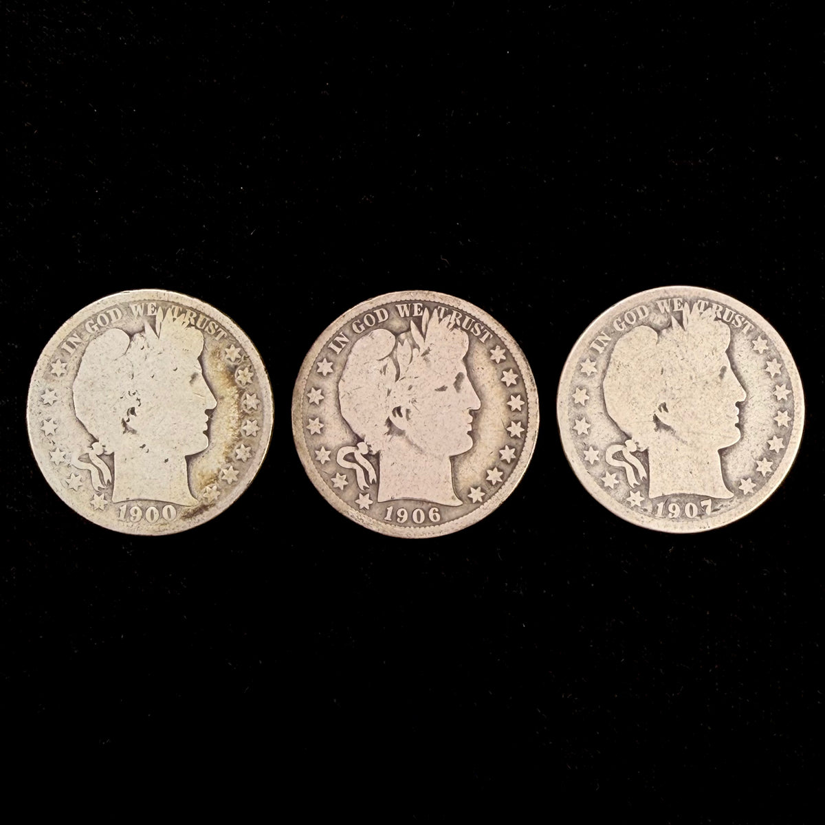 Mr Silverware 1900-P 1906-D 1907-D Barber Half Dollar 90% Silver Coins – Lot of 3