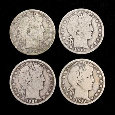 Mr Silverware 1908-D/O/P & 1909-P Barber Half Dollar 90% Silver Coins – Lot of 4