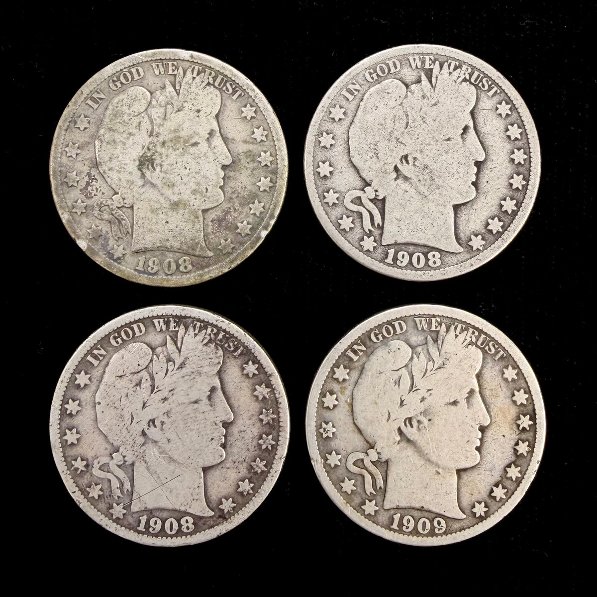Mr Silverware 1908-D/O/P & 1909-P Barber Half Dollar 90% Silver Coins – Lot of 4