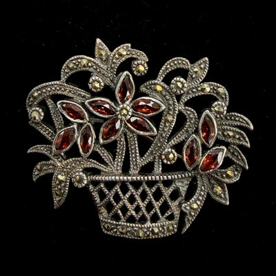 Mr Silverware Vintage Sterling Silver Garnet & Marcasite Floral Basket Brooch Pin