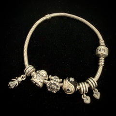 Pandora Sterling Silver Snake Chain Charm Bracelet With Mixed Charms 8"