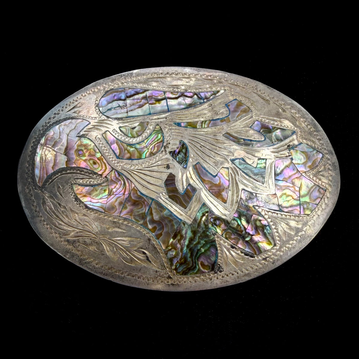 Vintage Mexico Plata de Jalisco V.H.L.C. Sterling Silver Abalone Eagle Belt Buckle