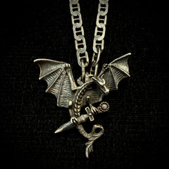 Vintage Oxidized Sterling Silver Dragon Pendant Necklace - Mariner Link Chain