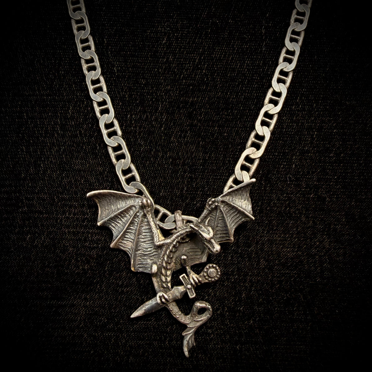 Mr Silverware Vintage Oxidized Sterling Silver Dragon Pendant Necklace - Mariner Link Chain