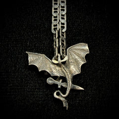 Vintage Oxidized Sterling Silver Dragon Pendant Necklace - Mariner Link Chain