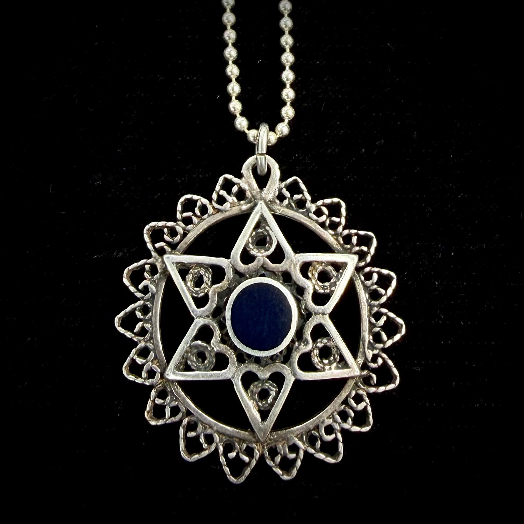 Mr Silverware Vintage Israel 925 Sterling Silver Filigree Star of David Pendant Necklace Blue Enamel 18.25"