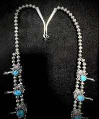 Vintage Navajo Sterling Silver Naja Squash Blossom Turquoise Bead Necklace 28.5"