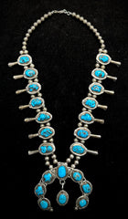Vintage Navajo Sterling Silver Naja Squash Blossom Turquoise Bead Necklace 18"