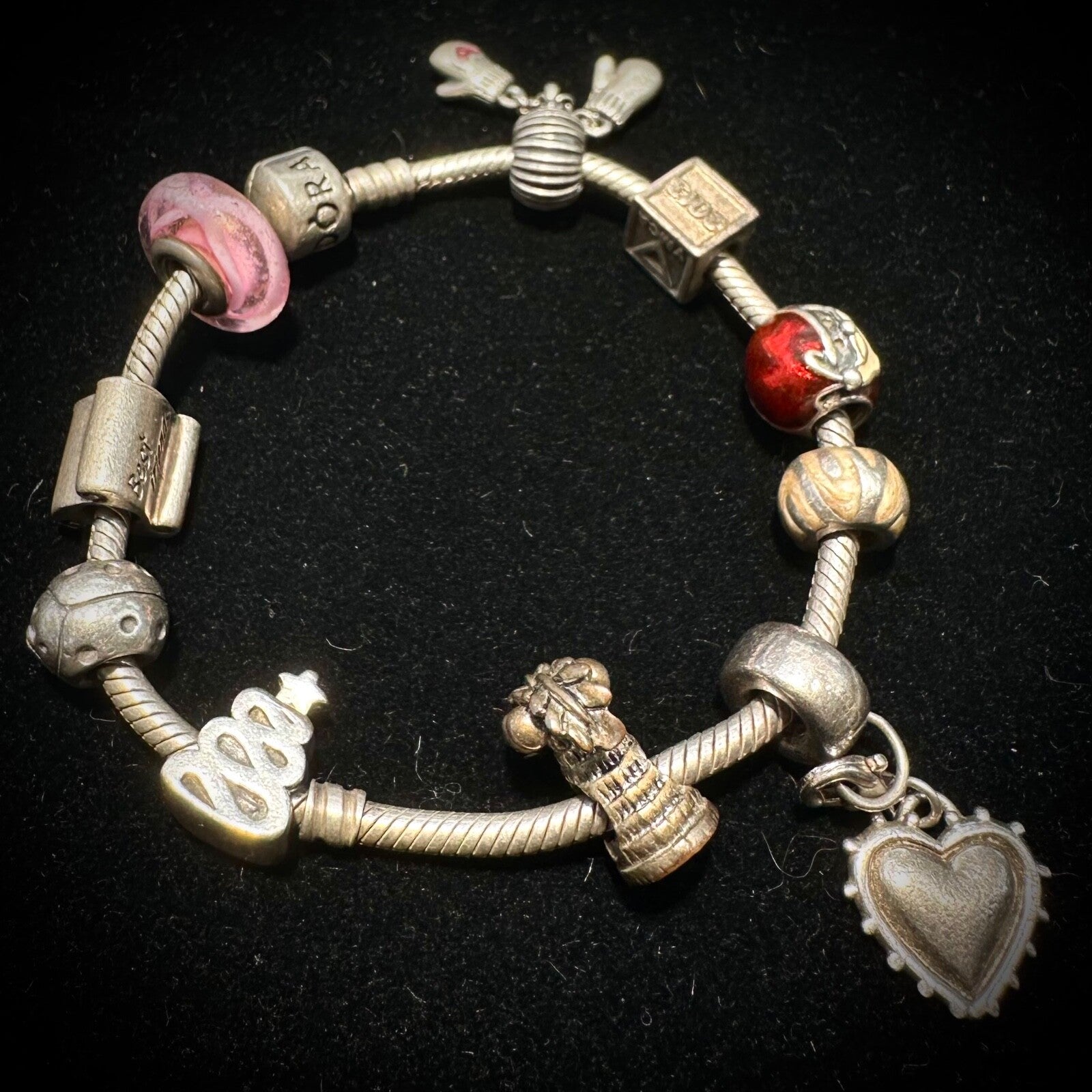 Pandora Moments Sterling Silver Snake Bracelet 7.5" With 10 Charms
