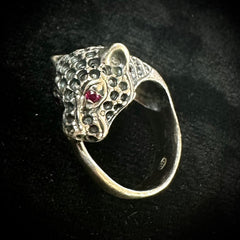 Vintage Sterling Silver Panther Leopard Jaguar Ring w/Red Stone Eyes - Size 6.5
