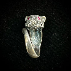 Vintage Sterling Silver Panther Leopard Jaguar Ring w/Red Stone Eyes - Size 6.5