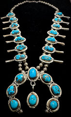 Vintage Navajo Sterling Silver Naja Squash Blossom Turquoise Bead Necklace 18"