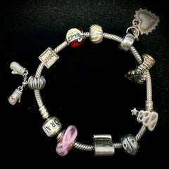 Pandora Moments Sterling Silver Snake Bracelet 7.5" With 10 Charms