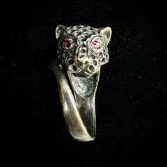 Vintage Sterling Silver Panther Leopard Jaguar Ring w/Red Stone Eyes - Size 6.5
