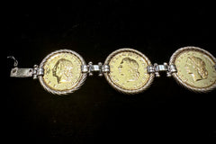Italy Sterling Silver & Gold Plated 20 Lire Coin Bracelet 8.75"