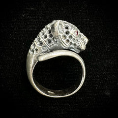 Vintage Sterling Silver Panther Leopard Jaguar Ring w/Red Stone Eyes - Size 6.5