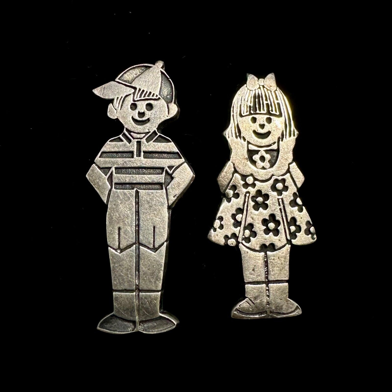 Mexico Vintage Sterling Silver Boy & Girl Brooch Pins
