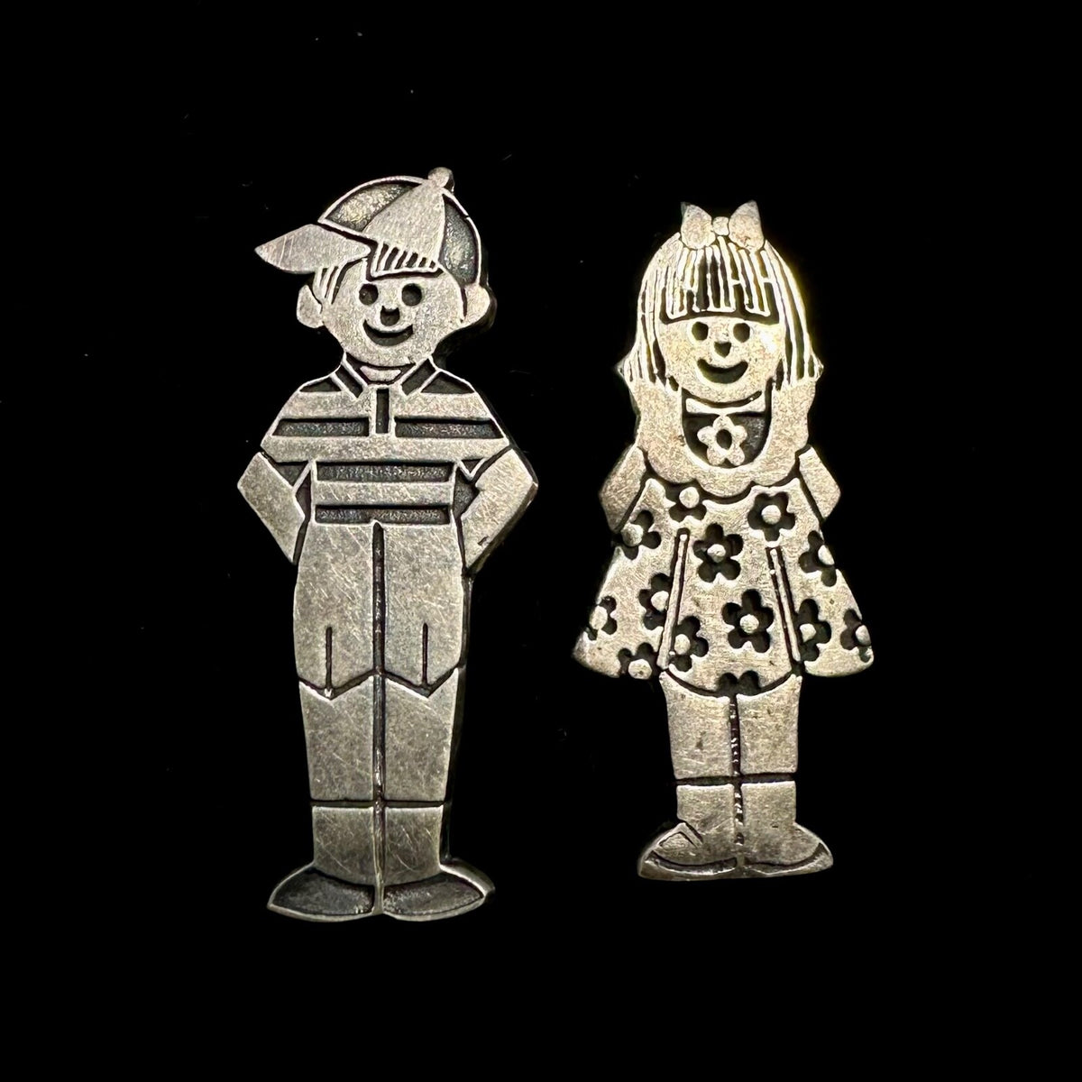 Mexico Vintage Sterling Silver Boy & Girl Brooch Pins
