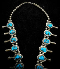 Vintage Navajo Sterling Silver Naja Squash Blossom Turquoise Bead Necklace 18"