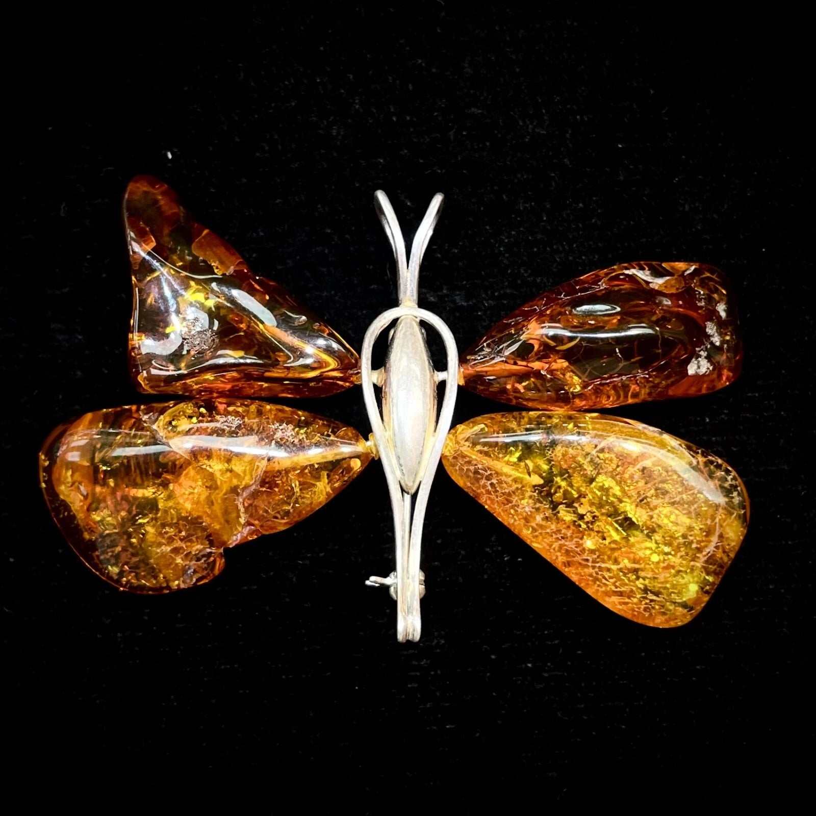 Sterling Silver Butterfly Brooch/Pin/Pendant With 4 Large Amber Stones
