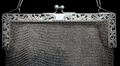 Antique Sterling Silver Mesh Chain Link Purse/Bag With Filigree Floral Pattern