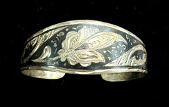Vintage Silver Siam Niello Cuff Bangle Bracelet 7.5"