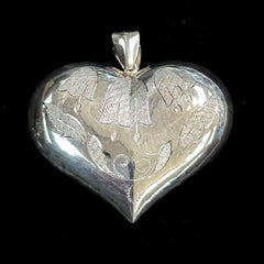 Vintage Large Puffy Heart Sterling Silver Etched Pendant
