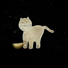 Vintage TAXCO 925 Sterling Silver Cat with Brass Bowl Brooch Pin