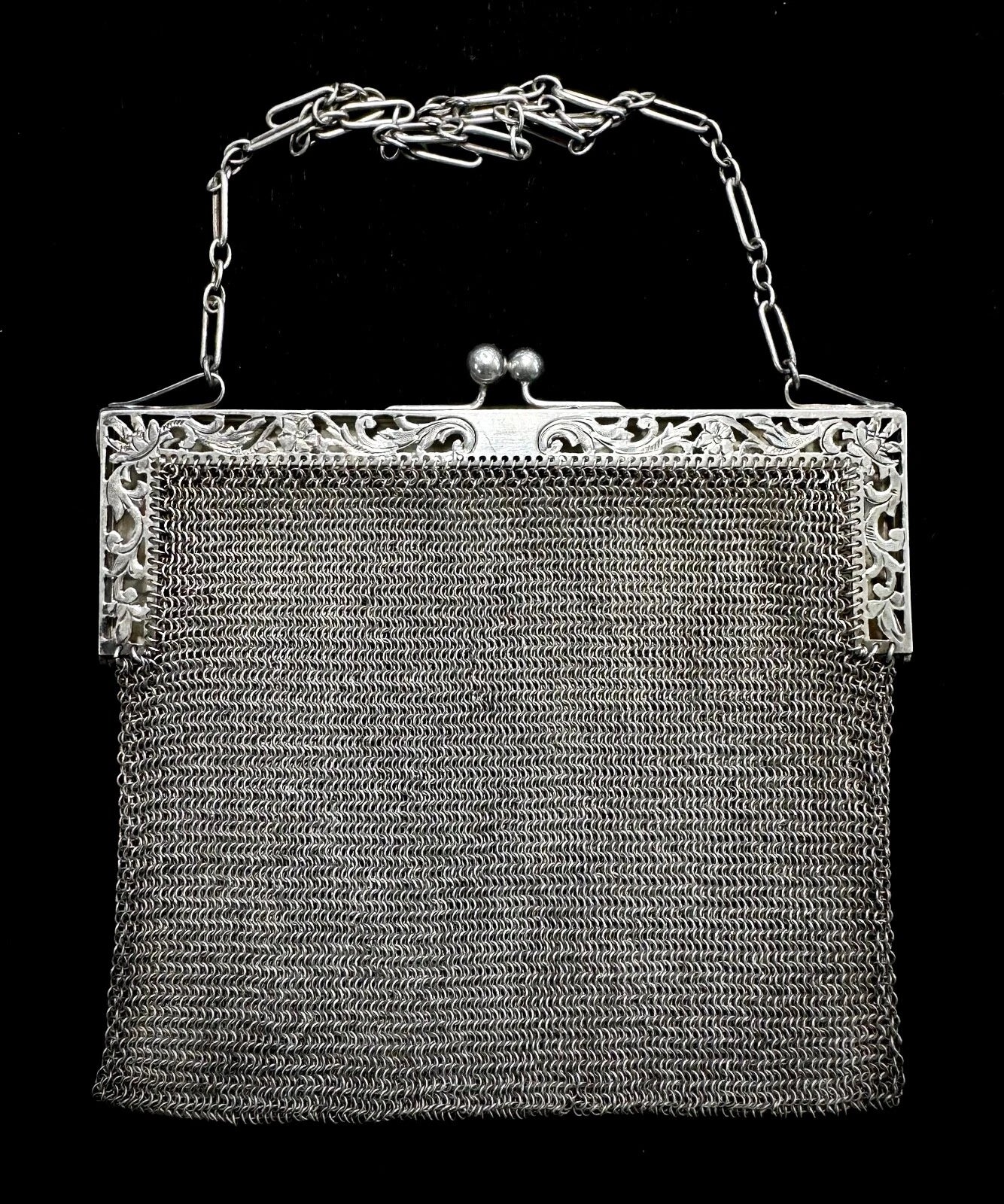 Antique Sterling Silver Mesh Chain Link Purse/Bag With Filigree Floral Pattern