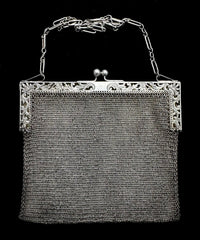 Antique Sterling Silver Mesh Chain Link Purse/Bag With Filigree Floral Pattern
