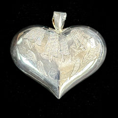 Vintage Large Puffy Heart Sterling Silver Etched Pendant