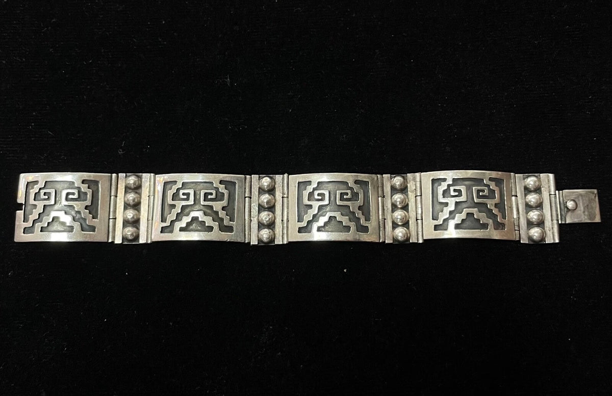 Mexico Vintage Sterling Silver Wide Panel Link Bracelet Marked IF-09