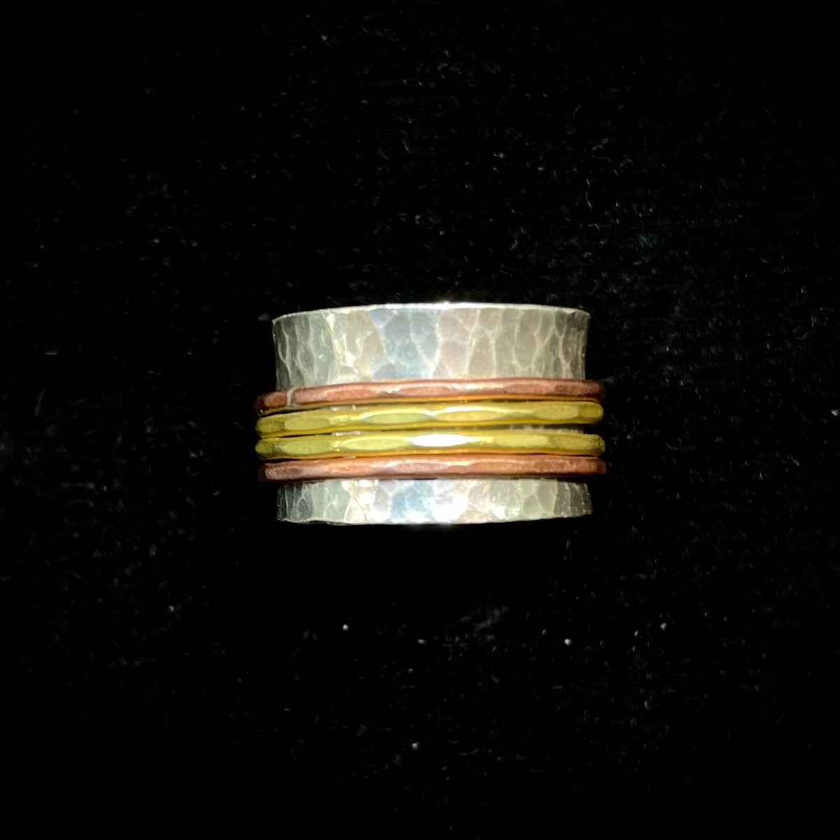 Sterling Silver Hammered Spinner Ring With Brass & Copper Size 8