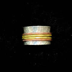 Sterling Silver Hammered Spinner Ring With Brass & Copper Size 8