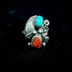 Henry Addikie Native American Navajo Sterling Silver Ring Turquoise & Coral 7.25