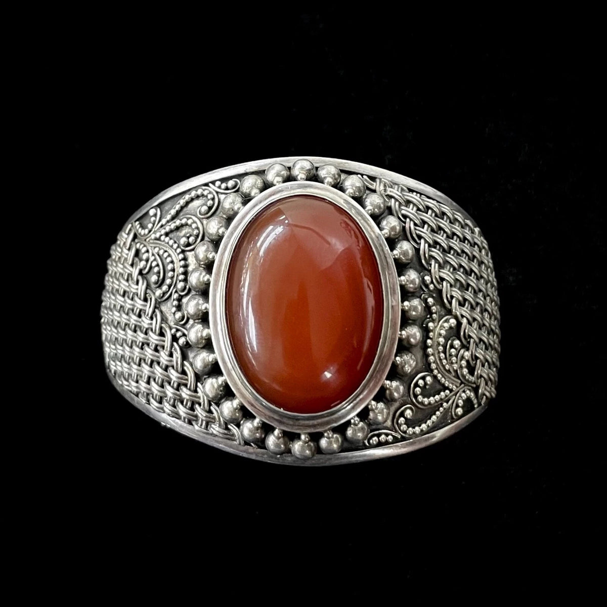 BA Indonesia Vintage Sterling Silver Bangle Bracelet With Red Suarti Carnelian
