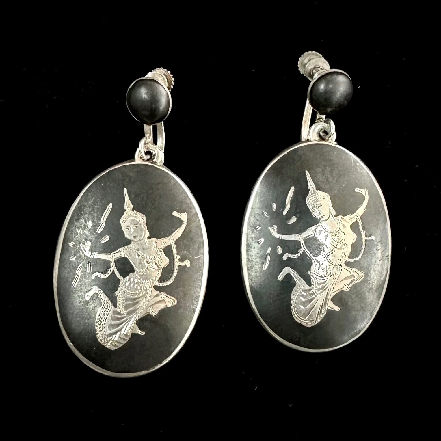 Vintage Siam Niello Sterling Silver Dancing Woman Ear-Clip Earrings

